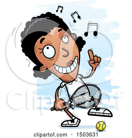 Clipart of a Happy Dancing African American Woman Tennis Player - Royalty Free Vector Illustration by Cory Thoman