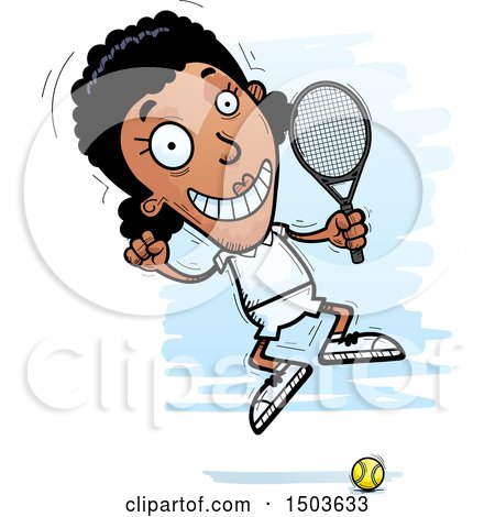 Clipart of a Jumping African American Woman Tennis Player - Royalty Free Vector Illustration by Cory Thoman