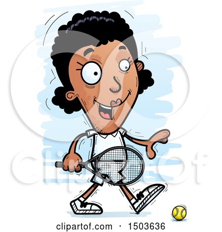 Clipart of a Walking African American Woman Tennis Player - Royalty Free Vector Illustration by Cory Thoman