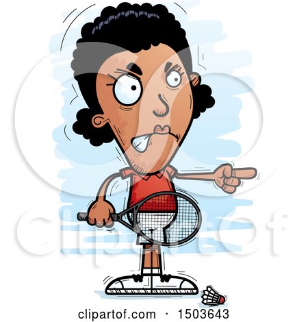 Clipart of a Mad Pointing African American Woman Badminton Player - Royalty Free Vector Illustration by Cory Thoman