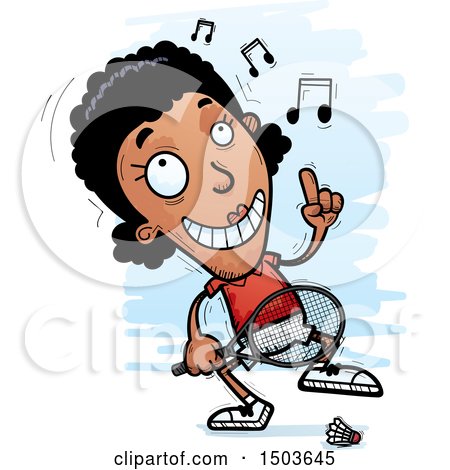 Clipart of a Happy Dancing African American Woman Badminton Player - Royalty Free Vector Illustration by Cory Thoman