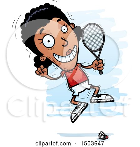 Clipart of a Jumping African American Woman Badminton Player - Royalty Free Vector Illustration by Cory Thoman