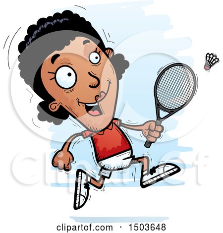 Clipart of a Running African American Woman Badminton Player - Royalty Free Vector Illustration by Cory Thoman