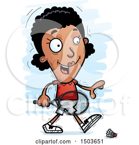 Clipart of a Walking African American Woman Badminton Player - Royalty Free Vector Illustration by Cory Thoman