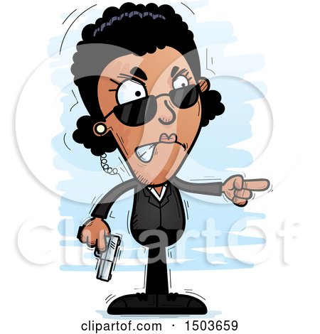 Clipart of a Mad Pointing African American Woman Secret Service Agent - Royalty Free Vector Illustration by Cory Thoman