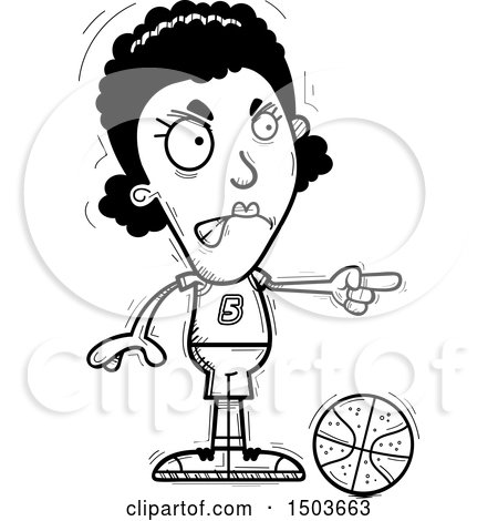 Clipart of a Black and White Mad Pointing Black Female Basketball Player - Royalty Free Vector Illustration by Cory Thoman