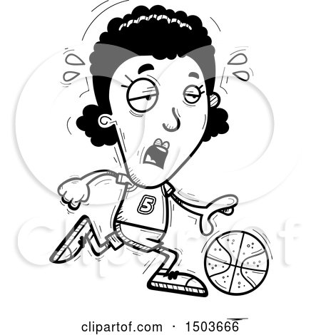 Clipart of a Black and White Tired Running Black Female Basketball Player - Royalty Free Vector Illustration by Cory Thoman