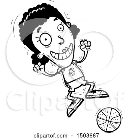 Clipart of a Black and White Jumping Black Female Basketball Player - Royalty Free Vector Illustration by Cory Thoman