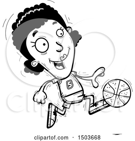 Clipart of a Black and White Running Black Female Basketball Player - Royalty Free Vector Illustration by Cory Thoman