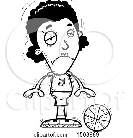Clipart of a Black and White Sad Black Female Basketball Player - Royalty Free Vector Illustration by Cory Thoman
