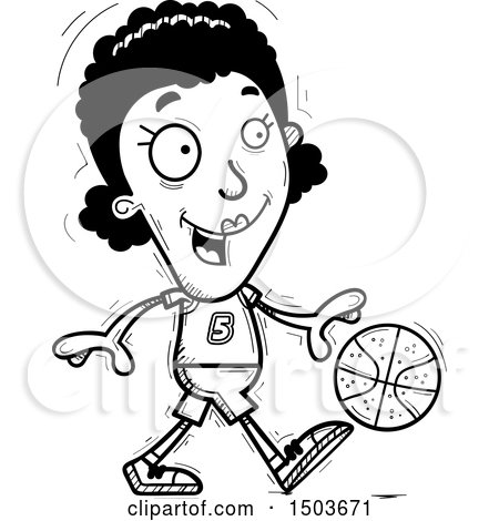 Clipart of a Black and White Dribbling Black Female Basketball Player - Royalty Free Vector Illustration by Cory Thoman