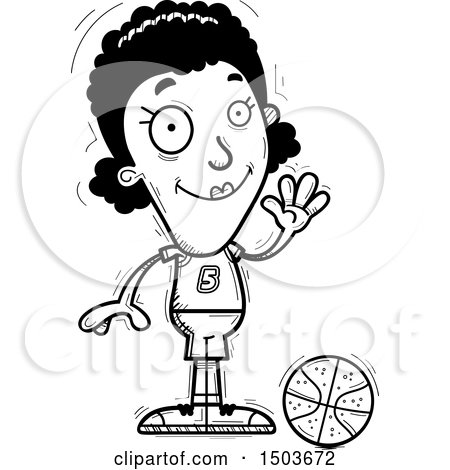 Clipart of a Black and White Waving Black Female Basketball Player - Royalty Free Vector Illustration by Cory Thoman