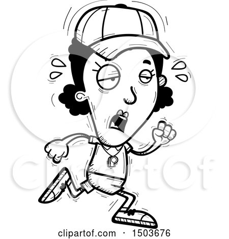 Clipart of a Black and White Tired Running Black Female Coach - Royalty Free Vector Illustration by Cory Thoman