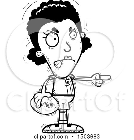 Clipart of a Black and White Mad Pointing Black Female Football Player - Royalty Free Vector Illustration by Cory Thoman