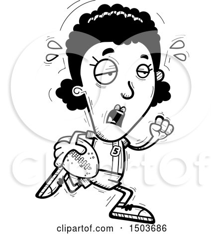 Clipart of a Black and White Tired Running Black Female Football Player - Royalty Free Vector Illustration by Cory Thoman