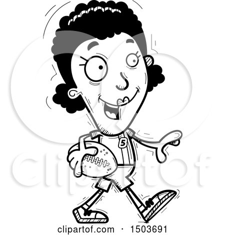 Clipart of a Black and White Walking Black Female Football Player - Royalty Free Vector Illustration by Cory Thoman