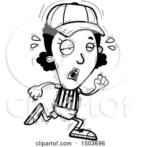 Clipart of a Black and White Tired Running Black Female Referee - Royalty Free Vector Illustration by Cory Thoman