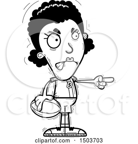 Clipart of a Black and White Mad Pointing Black Female Rugby Player - Royalty Free Vector Illustration by Cory Thoman