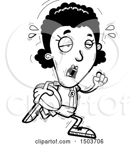 Clipart of a Black and White Tired Running Black Female Rugby Player - Royalty Free Vector Illustration by Cory Thoman