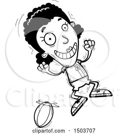 Clipart of a Black and White Jumping Black Female Rugby Player - Royalty Free Vector Illustration by Cory Thoman