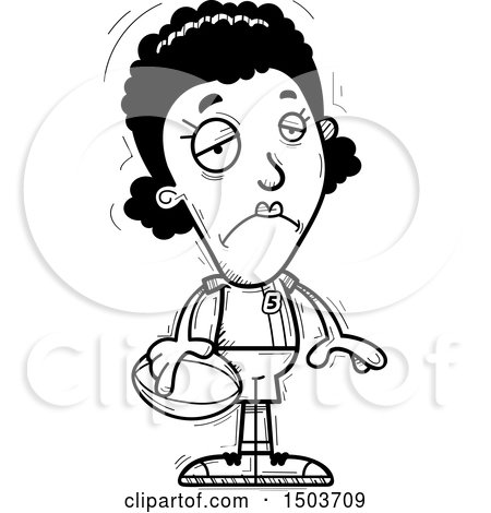 Clipart of a Black and White Sad Black Female Rugby Player - Royalty Free Vector Illustration by Cory Thoman
