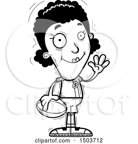 Clipart of a Black and White Waving Black Female Rugby Player - Royalty Free Vector Illustration by Cory Thoman