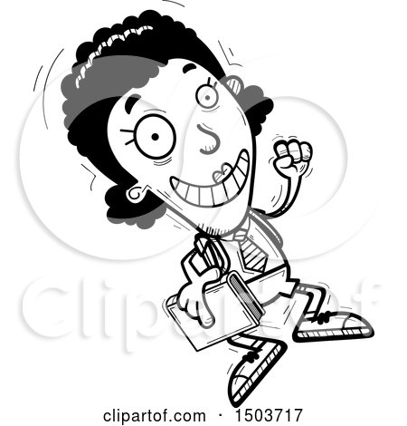 Clipart of a Black and White Jumping Black Female College Student - Royalty Free Vector Illustration by Cory Thoman