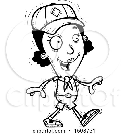 Clipart of a Black and White Walking Black Female Scout - Royalty Free Vector Illustration by Cory Thoman