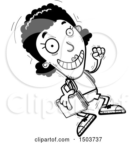 Clipart of a Black and White Jumping Black Female Community College Student - Royalty Free Vector Illustration by Cory Thoman
