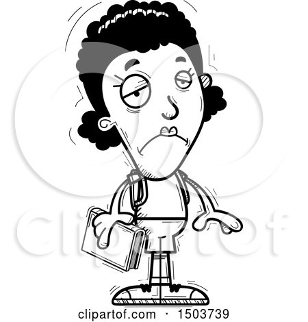 Clipart of a Black and White Sad Black Female Community College Student - Royalty Free Vector Illustration by Cory Thoman