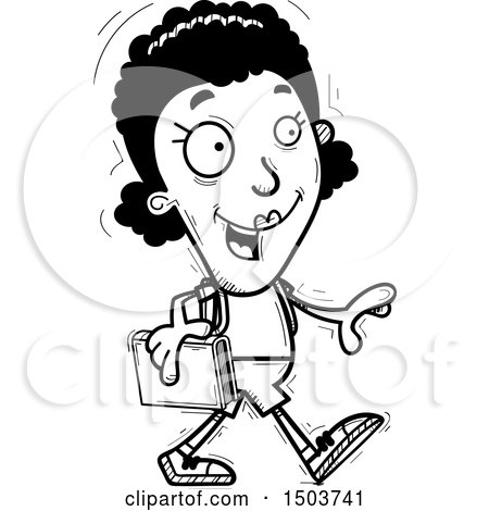 Clipart of a Black and White Walking Black Female Community College Student - Royalty Free Vector Illustration by Cory Thoman