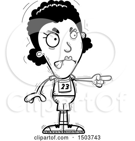 Clipart of a Black and White Mad Pointing Black Female Track and Field Athlete - Royalty Free Vector Illustration by Cory Thoman