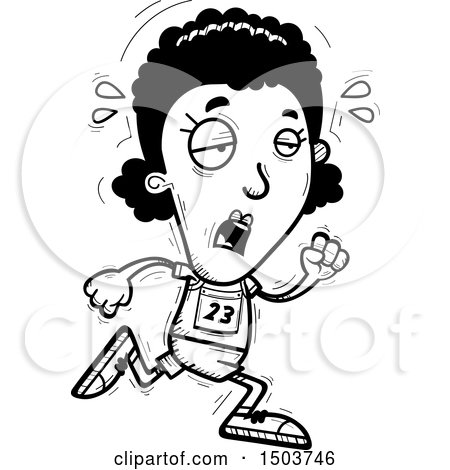 Clipart of a Black and White Tired Running Black Female Track and Field Athlete - Royalty Free Vector Illustration by Cory Thoman
