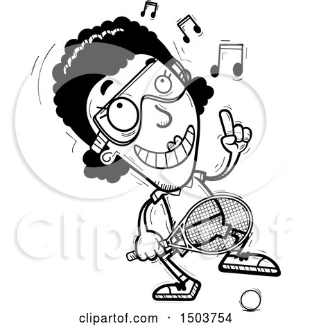 Clipart of a Black and White Happy Dancing African American Woman Racquetball Player - Royalty Free Vector Illustration by Cory Thoman