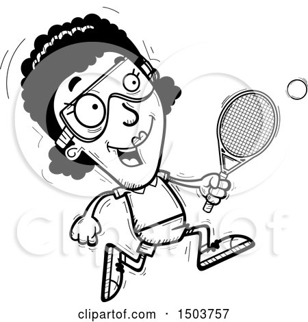 Clipart of a Black and White Running African American Woman Racquetball Player - Royalty Free Vector Illustration by Cory Thoman