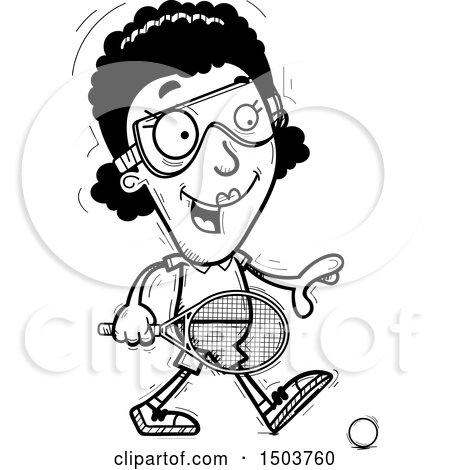 Clipart of a Black and White Walking African American Woman Racquetball Player - Royalty Free Vector Illustration by Cory Thoman