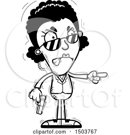 Clipart of a Black and White Mad Pointing African American Woman Secret Service Agent - Royalty Free Vector Illustration by Cory Thoman