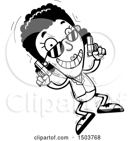 Clipart of a Black and White Jumping African American Woman Secret Service Agent - Royalty Free Vector Illustration by Cory Thoman