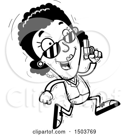 Clipart of a Black and White Running African American Woman Secret Service Agent - Royalty Free Vector Illustration by Cory Thoman