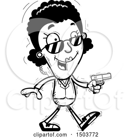 Clipart of a Black and White Walking African American Woman Secret Service Agent - Royalty Free Vector Illustration by Cory Thoman