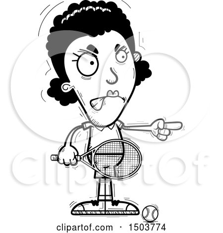 Clipart of a Black and White Mad Pointing African American Woman Tennis Player - Royalty Free Vector Illustration by Cory Thoman