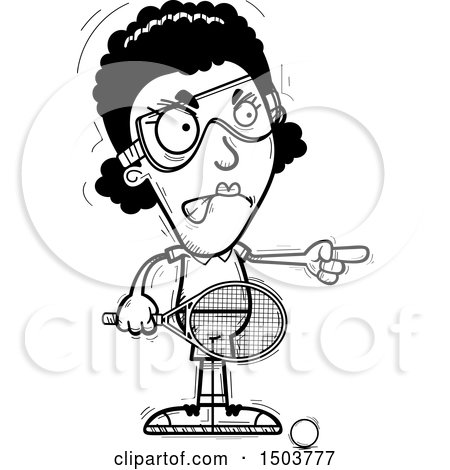 Clipart of a Black and White Mad Pointing African American Woman Racquetball Player - Royalty Free Vector Illustration by Cory Thoman