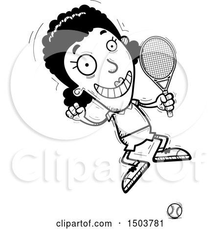 Clipart of a Black and White Jumping African American Woman Tennis Player - Royalty Free Vector Illustration by Cory Thoman