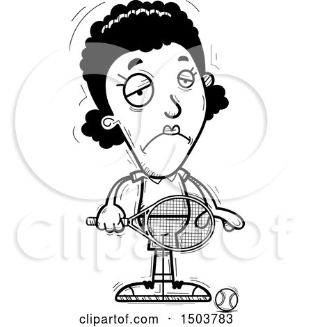Clipart of a Black and White Sad African American Woman Tennis Player - Royalty Free Vector Illustration by Cory Thoman