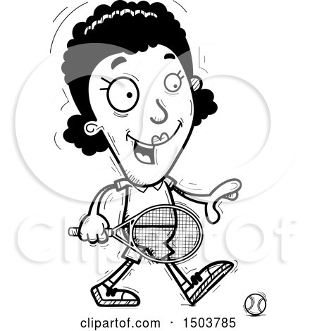 Clipart of a Black and White Walking African American Woman Tennis Player - Royalty Free Vector Illustration by Cory Thoman