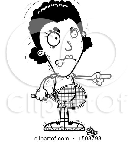Clipart of a Black and White Mad Pointing African American Woman Badminton Player - Royalty Free Vector Illustration by Cory Thoman