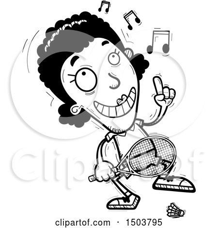 Clipart of a Black and White Happy Dancing African American Woman Badminton Player - Royalty Free Vector Illustration by Cory Thoman