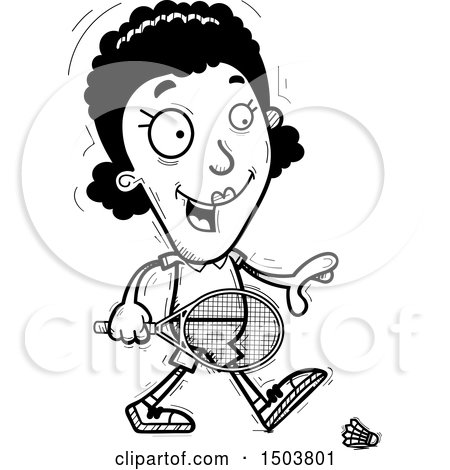 Clipart of a Black and White Walking African American Woman Badminton Player - Royalty Free Vector Illustration by Cory Thoman