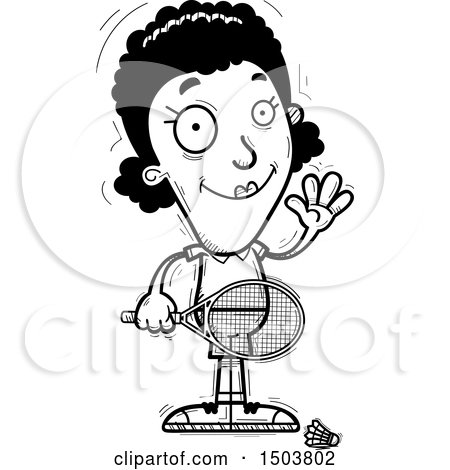 Clipart of a Black and White Waving African American Woman Badminton Player - Royalty Free Vector Illustration by Cory Thoman