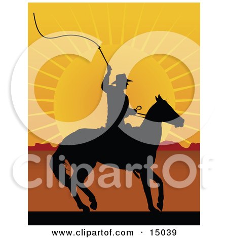 Silhouetted Cowboy On Horseback, Preparing To Swing A Whip At Sunset Clipart Illustration by Maria Bell